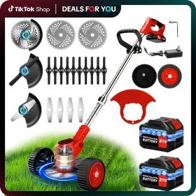 21V Electric Weed Eater With Wheels,Cordless Battery Weed Wacker With Charger, 2Batteries,3 In 1 Brush Cutter String Trimmer Grass Trimmer Lawn M (Color: Red)